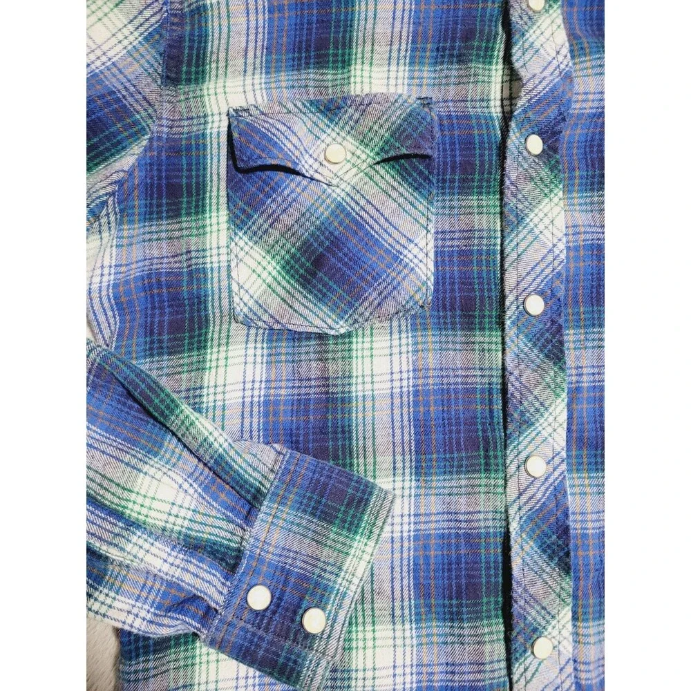 Levi's Western Pearl Snap Shirt Mens Medium Plaid Blue/Green Flannel Button Up